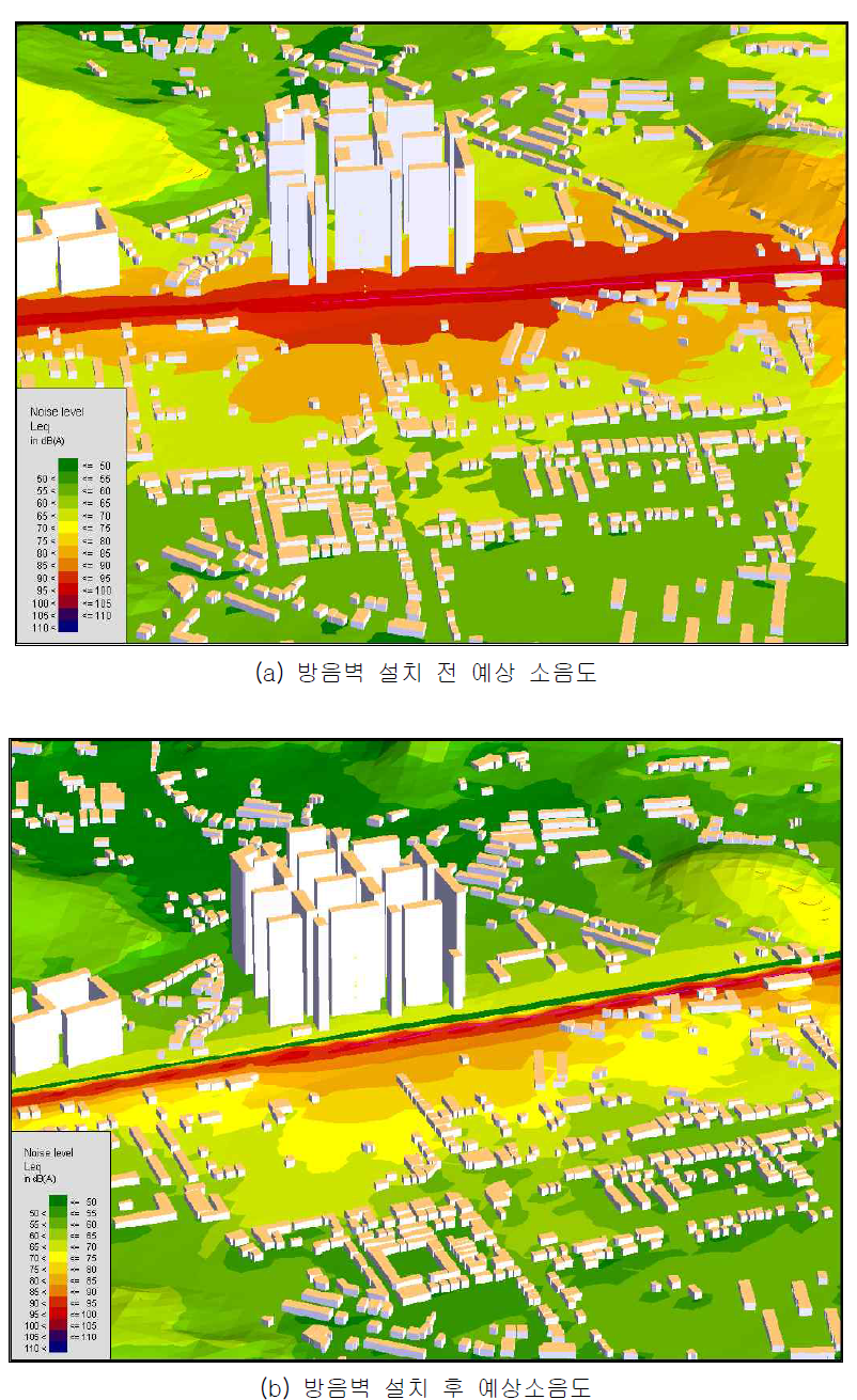 일반구간(K역∼A역 인근) Case 7 방음대책 수립 전ㆍ후의 소음해석 결과