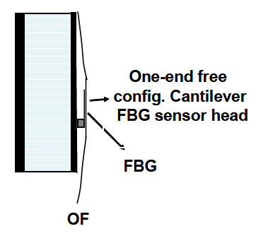 Cantilever FBG 센서의 구조 (OF: optical fiber)