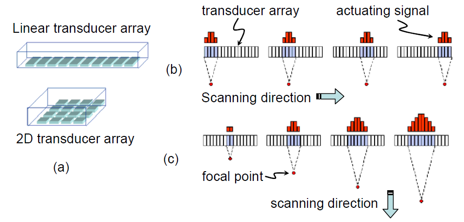트랜스듀서 어레이 디자인과 스캐닝 방법. (a) 일차원 및 이차원 배열 트랜스듀서 어레이, (b) 어레이 요소들의 순차적 가진을 통한 선형 스캐닝 (B-scan 모드), (c) 포커싱에 의한 깊이방향 스캐닝(C-scan 모드)