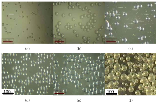 공정 변수를 변화시켜 얻어진 ENB droplet의 형태를 관찰한 광학현미경 사진 (a) membrane pore size= 3 μm (Pressure =10kPa, SLS = 0wt.%, PVA=0wt.%) (b) membrane pore size= 10 μm (Pressure =2kPa, SLS = 0.12 wt.%, PVA=1.72 wt.%) (c) membrane pore size= 10 μm (Pressure = 2kPa, SLS =0.3wt.%, PVA=4.5wt.%) (d) membrane pore size= 10 μm (Pressure = 2kPa, SLS =0.17wt.%, PVA=3.4wt.%) (e) membrane pore size= 10 μm (Pressure = 2kPa, SLS =0.17wt.%, PVA=3.4wt.%);MUF solution : ENB emulsion solution= 0.01mol: 10ml (f) emulsion from mechanical stirring