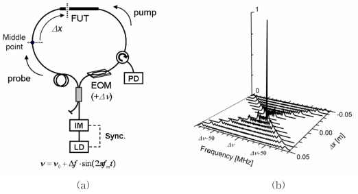 (a) BOCDA 시스템의 개념도 (b) 광원의 주파수 변조에 의해 만들어지는 펌프광과 프로브광의 비트 주파수의 파워 스펙트럼(power spectrum of the beat frequency)