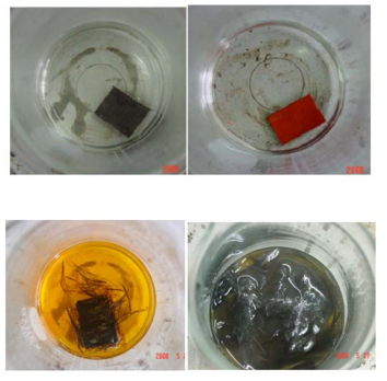 Decomposition procedure in nitric acid aqueous solution. (a) before decomposition (b) after heating (c) during the decomposition (d) after decomposition