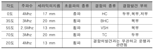 탐상각도별 결함코드의 종류