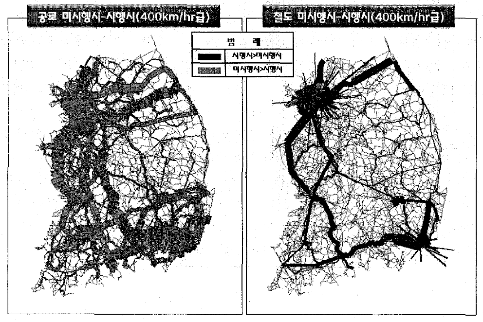 3개축 모두 건설시 기존선 활용대안의 미시행시-시행시 배정결과 차이 - 미시행시: do something