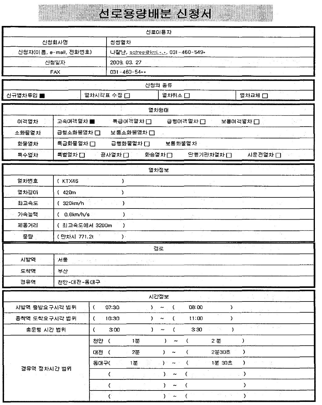 선로용량배분 신청서 양식 및 기입방법 예시