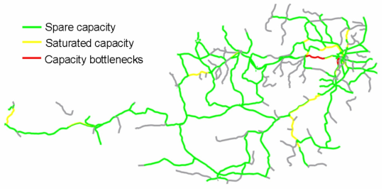 Macroscopic 네트워크 부하 예측 예시 [출처: Thomas Siefer and Bernd Sewcyk, 'From Long Term Planning to Short Term Planning Models for Rail bound Transportation in Germany', The 2nd International Seminar on Railway Planning, Korea, Sep. 2007]