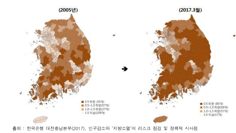 전국 소멸위험지역 분포도