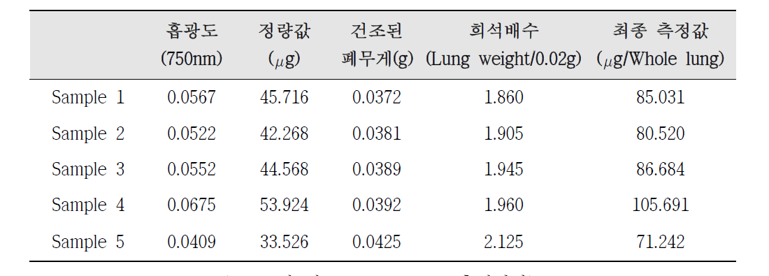 1차 시료 Lung burden 측정결과