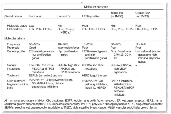 유방암의 분류 (De Abreu et al., Clin Genet, 2014)