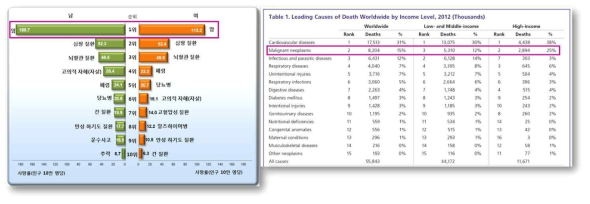 국내외 주요 사망 원인 질환 (국내: 통계청, 2014년 사망원인통계; 전세계: American Cancer Society, Global Cancer Facts & Figures, 3rd edition, 2015)