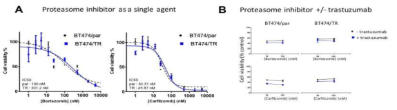 BT-474 trastuzumab 내성 세포주 모델을 프로테아좀 억제제를 단독 또는 병행치료한 결과