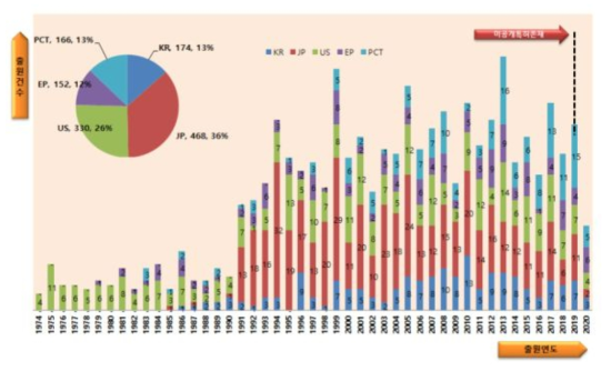 주요출원국의 점유율 및 출원연도별 특허출원 현황