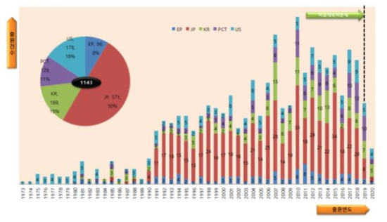 주요출원국의 점유율 및 출원연도별 특허출원 현황
