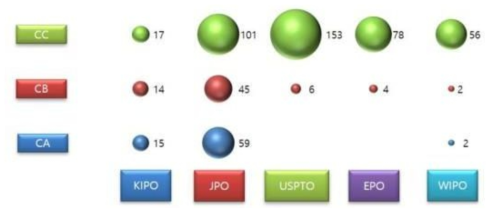 세부 기술별 IP 출원국(버블의 크기: 출원 건수)