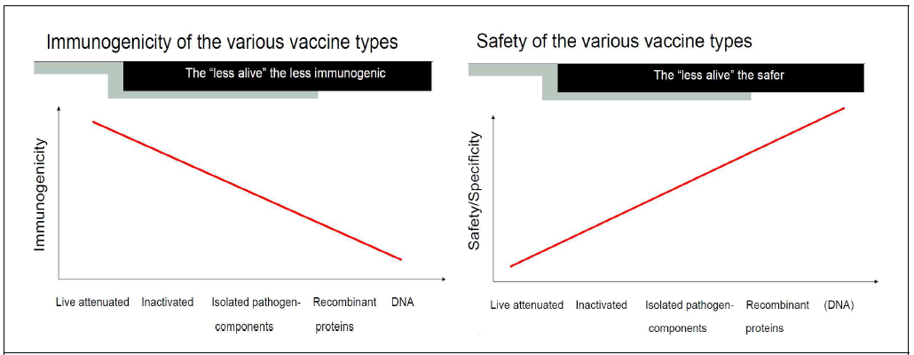 백신 항원의 종류에 따른 immunogenicity (왼쪽)와 safety (오른쪽) 상관관 (Science 1993)