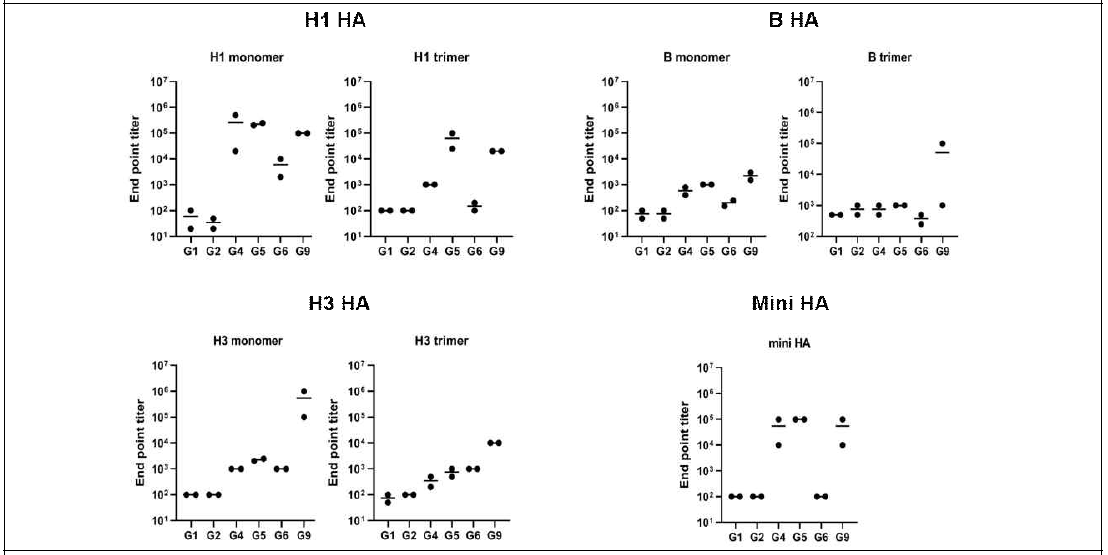 In vivo passive immunity 동물실험에서 그룹별 항체 형성 결과