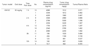 WR-1030의 시간대별 plasma 및 종양 내 농도