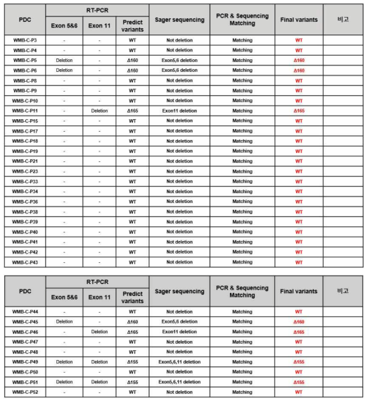 대장암 환자에서 유래된 세포주 32case 에서 RON RT-PCR 및 sanger sequencing 결과