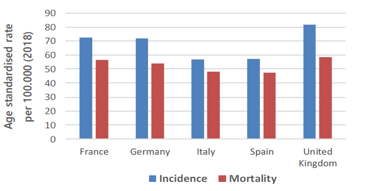 유럽 주요 국가 폐암 발생 환자수 및 사망자수(출처 : 유럽 암연구소)
