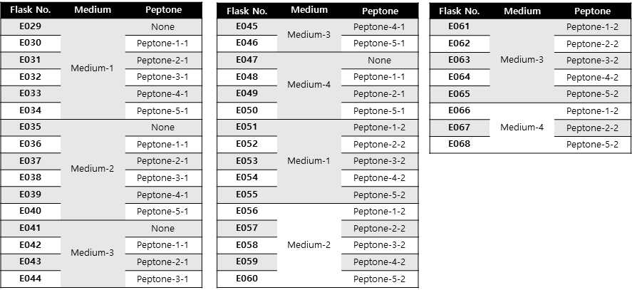 basal media와 4가지 peptone의 조합에 따른 flask 배양 조건. flask 배양을 진행함