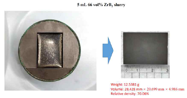 66vol% ZrB2 슬러리를 적용하여 기존의 최적 조건으로 건조된 시편의 형상