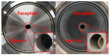 Comparison of faceplate and injector before/after hot-firing tests