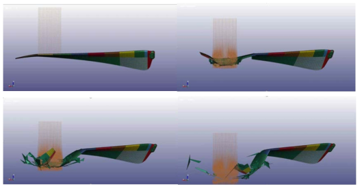 OPPAV 틸팅 프롭 블레이드 초기 설계 형상 조류충돌 해석 결과(심한 파손 발생)