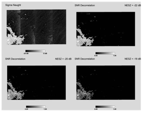 KompSAT-5 sigma naught과 SNR decorrelation 영상(NESZ = -22dB, -20dB, -18dB 경우)