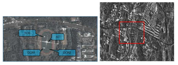 다목적실용위성 5호를 이용한 위성 시험 사이트(좌) 및 획득된 SAR 영상 일부(우)