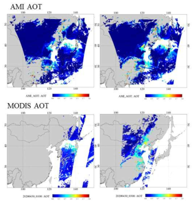 (위) GK2A/AMI AOT와 (아래) MODIS AOT 산출 사례. 2020년 4월 30일 (왼쪽)01:00UTC, (오른쪽) 03:00UTC