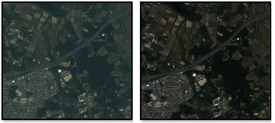 KOMPSAT-3영상 대기보정 영상: 좌 – 대기보정 전, 우 – 대기보정 후