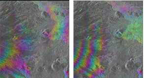 에트나 화산 지역의 초기 차분위상간섭도(좌)와 잔여 위상이 남아 있는 차분위상간섭도(우)