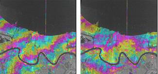 뉴올리언스 지역의 초기 차분위상간섭도(좌)와 잔여 위상이 제거된 차분위상간섭도(우)