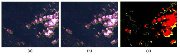 KOMPSAT 데이터셋에 대한 딥러닝 기반 구름 검출 알고리즘의 시각적 성능 비교: (a) 정답, (b) 제안한 방법, (c) Felzenszwalb 방법