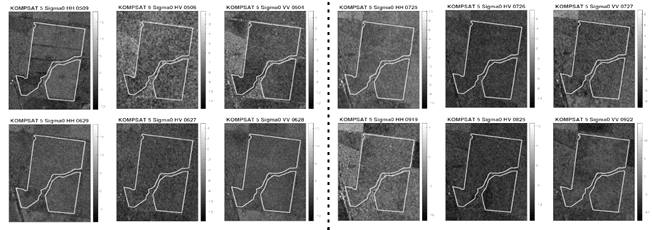 KOMPSAT-5 σ0 영상(좌측 σ0HH, 중앙 σ0HV, 우측 σ0VV)