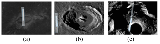 달 착륙선 비행 영역과 엔트로피 해석 영역 설정, (a) Reiner Gamma [북위 7.6°, 서경 59.1°], (b) Lacus Mortis crater [북위 46.06°, 동경 25.90°], (c) Shackleton crater [남위 89.57°, 서경 1.68°], 해당 비행 영역의 영상은 NASA LRO 탐사선의 LROC 자료를 적용