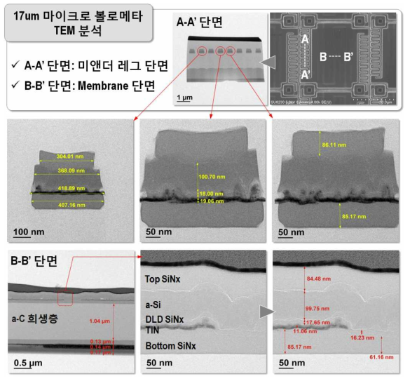 MBFPA MEMS 공정 검증을 위한 레그 및 멤브레인 TEM 분석 결과