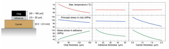 Chip, adhesive, carrier 층의 두께에 따른 해석 결과