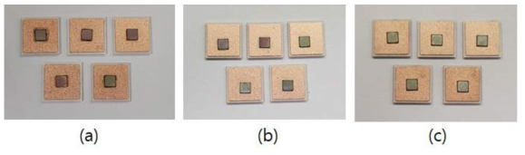 3종 접합 소재를 적용한 전단 강도 측정 샘플 사진 (a)PbSn Preform (b)Ag sintering paste (c )Cu sintering paste