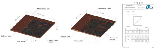 유동 가이드 확장각 4° 열확산기기 설계도(좌), 유동 가이드 확장각 12° 열확산기기 설계도(중앙), 공인 시험기관 시험성적서(우)