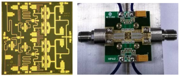 X 대역 3단 전력증폭기 MMIC 사진 및 시험치구 사진