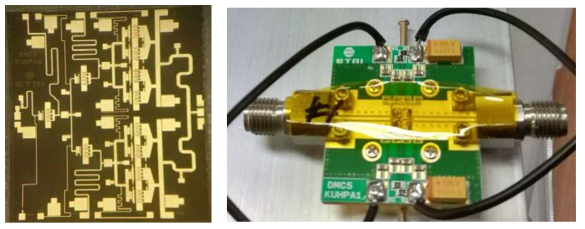 Ku 대역 3단 전력증폭기 MMIC 사진 및 시험치구 사진