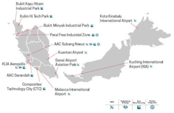 말레이시아 항공우주산업 인프라 거점 출처 : Malaysian aerospace industry outlook, MITI, 2016