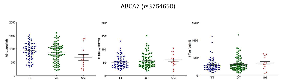 ABCA7 치매위험 유전변이의 유전형에 따른 CSF내 Aβ42, tTau, pTau 정량 그래프