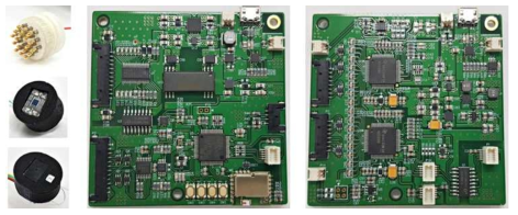건식 EEG전극, 포토다이오드 기반 NIR 센서, 이중파장 LED기반 NIR 광원, 제작된 메인보드 및 슬레이브 보드
