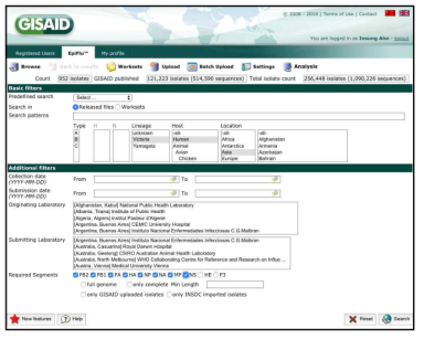 GISAID의 EpiFluTM 데이터베이스 검색조건 입력 화면