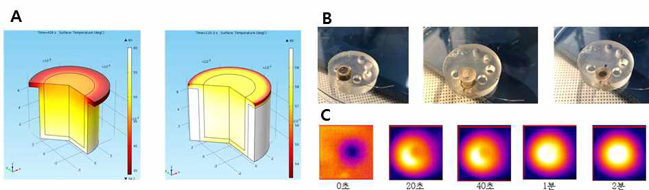 챔버내 온도 균일도 검증을 위한 시뮬레이션 및 실험. (A) 상층면 (왼쪽)및 원주면 (오른쪽) 히팅에 대한 온도 균일도 시뮬레이션. (B) 칩내 히팅 모듈 설치 사진 (C) 열화상카메라를 이용한 온도 균일도의 실험적 검증