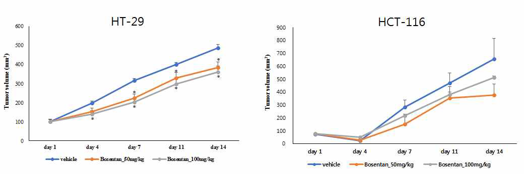 Xenograft mouse model에 대한 Bosentan의 항암 유효성 검증 실험 결과