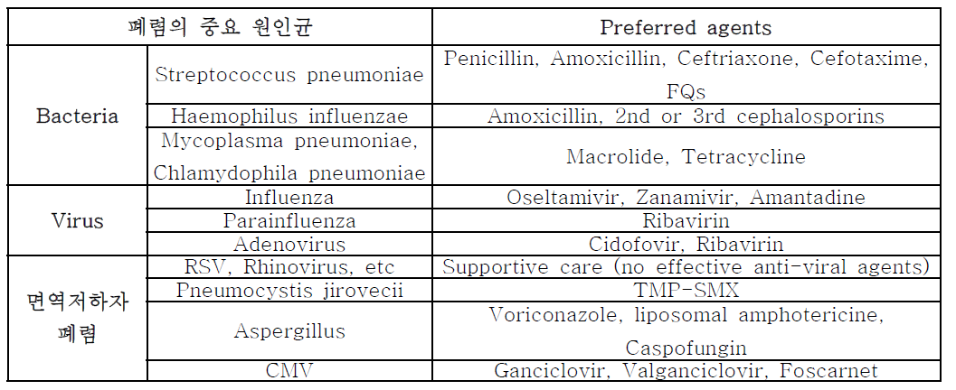 폐렴의 중요 원인균에 대한 적절한 항생제 구분