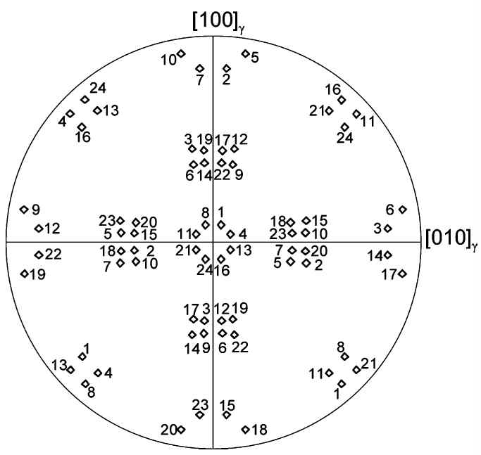 RAFM steel의 pre-austenite 내부에서 가질 수 있는 모든 방위를 나타낸 pole figure map